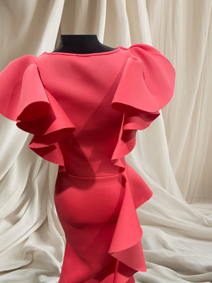 PEACH RUFFLED LONG DRESS WITH SIDE SLIT