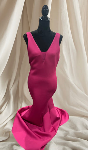 ROSE RED BACKLESS LONG GOWN WITH BACK RIBBON