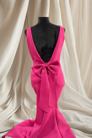 ROSE RED BACKLESS LONG GOWN WITH BACK RIBBON