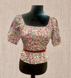 Floral Print Square neck  bubble short sleeve crop top blouse