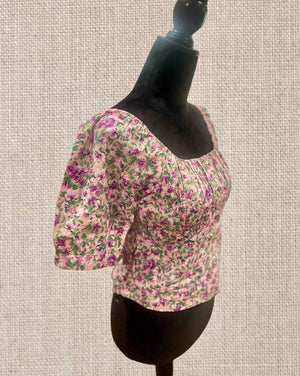Floral Print Square neck  bubble short sleeve crop top blouse