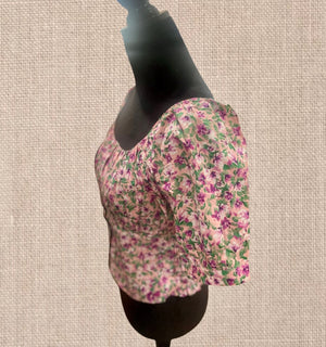 Floral Print Square neck  bubble short sleeve crop top blouse