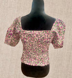 Floral Print Square neck  bubble short sleeve crop top blouse