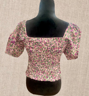 Floral Print Square neck  bubble short sleeve crop top blouse