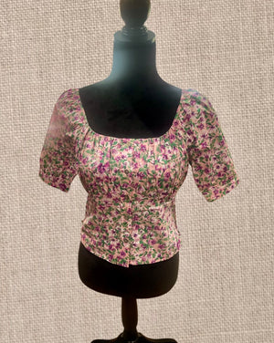 Floral Print Square neck  bubble short sleeve crop top blouse