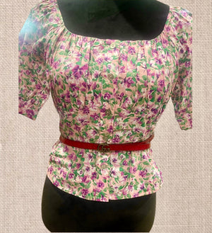 Floral Print Square neck  bubble short sleeve crop top blouse