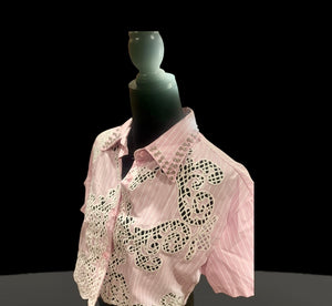 Pink polo eye let crop top with faux diamond accent
