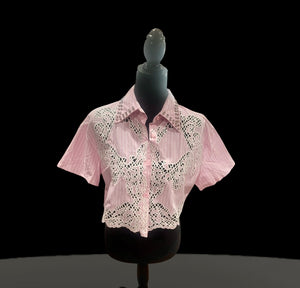 Pink polo eye let crop top with faux diamond accent