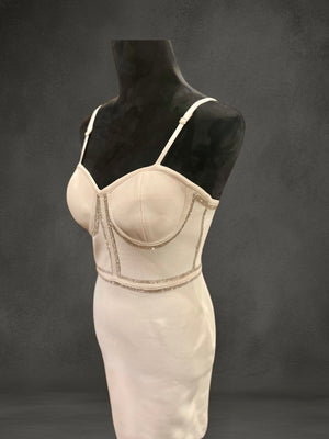 Bodycon sleeveless cream dress with silver stones
